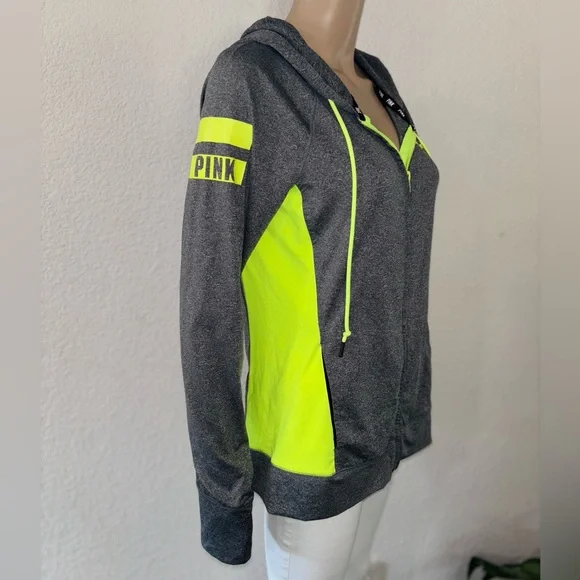 PINK VICTORIA’S SECRET ‘Ultimate’ Dark Grey & Neon Green Sporty Zip-Up Hoodie - Picture 4 of 8